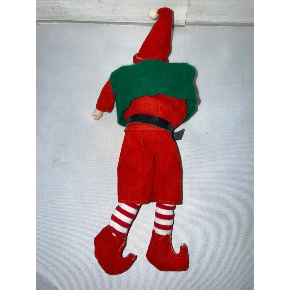 Vintage Santa Claus Elf Doll Porcelain Face Red Felt Suit Striped‎ Legs 11 Inch